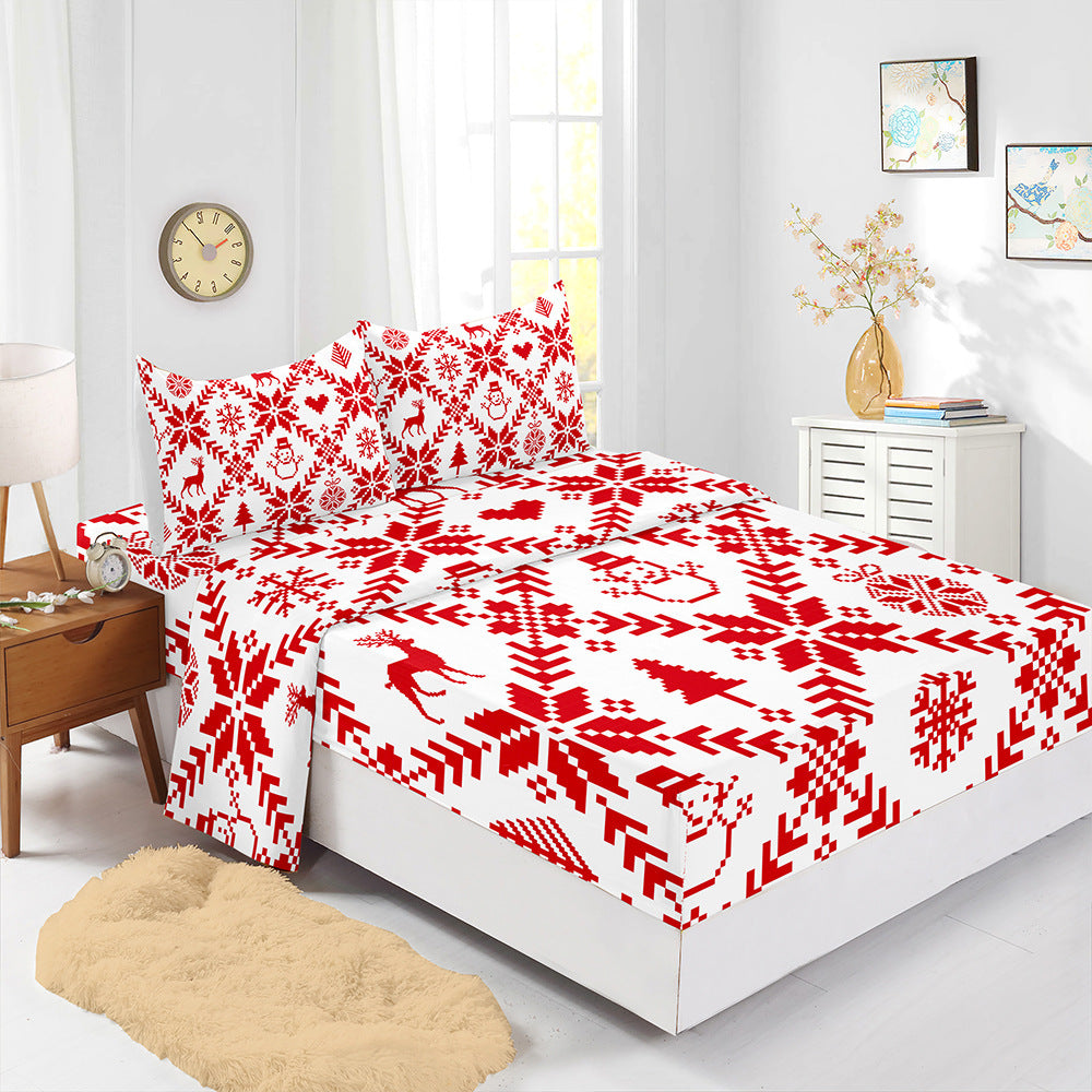 Red Christmas Fitted Sheet Four-piece Suit Printed Mattress Cover